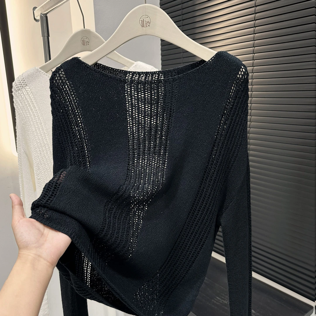 小众镂空设计黑色圆领长袖上衣女宽松休闲针织罩衫爆款套头打底衫