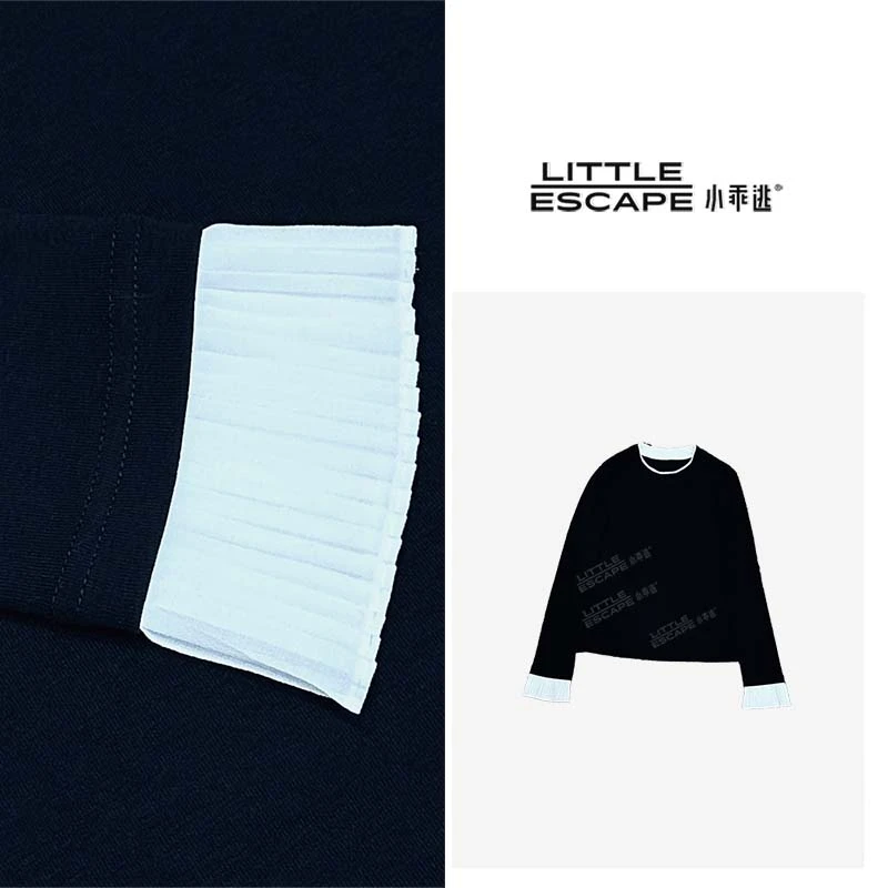 小乖逃单色！黑色T恤长袖打底拼白色领袖口压褶花边袖长袖T8006