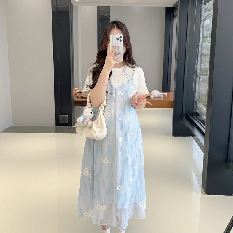 孕妇装2025新款雪纺刺绣假两件连衣裙夏季高级感T恤拼接孕妇长裙