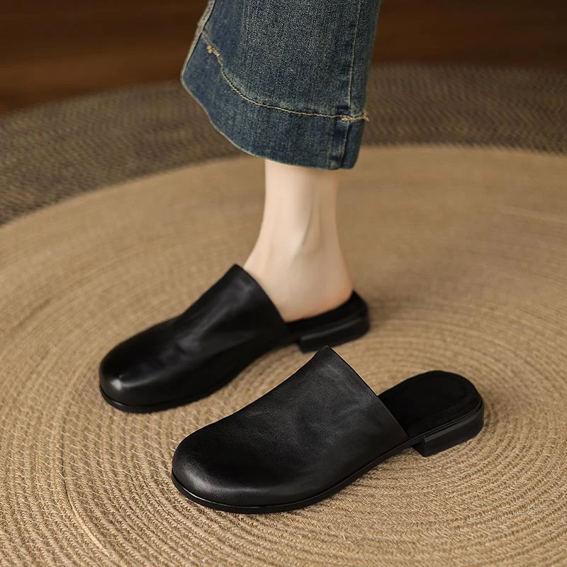 高级感 正品圆头一脚蹬穆勒拖鞋女2025新款外穿包头低跟半拖