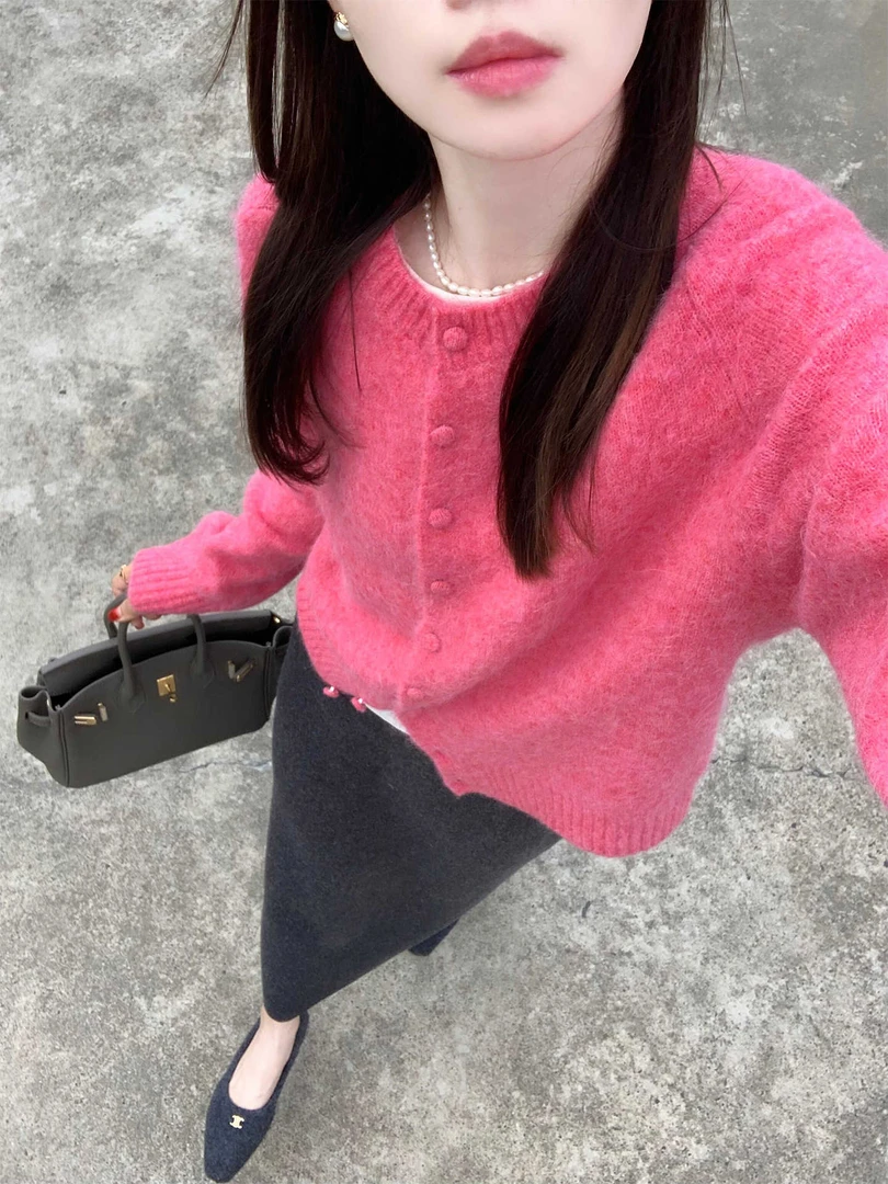 温柔奶fufu玫红色开衫毛衣外套女秋冬慵懒高级感轻熟软糯针织上衣