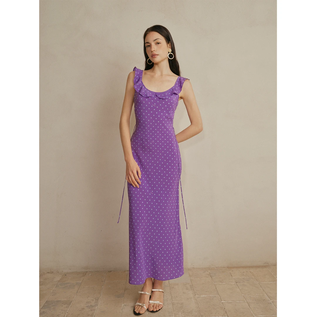 Daily Romance25春紫色波点减龄荷叶边斜裁连衣长裙/短裙