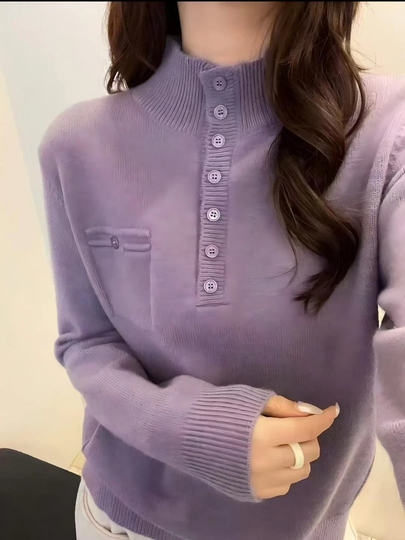 【烟紫】长袖针织时尚百搭纯色秋冬季洋气上衣