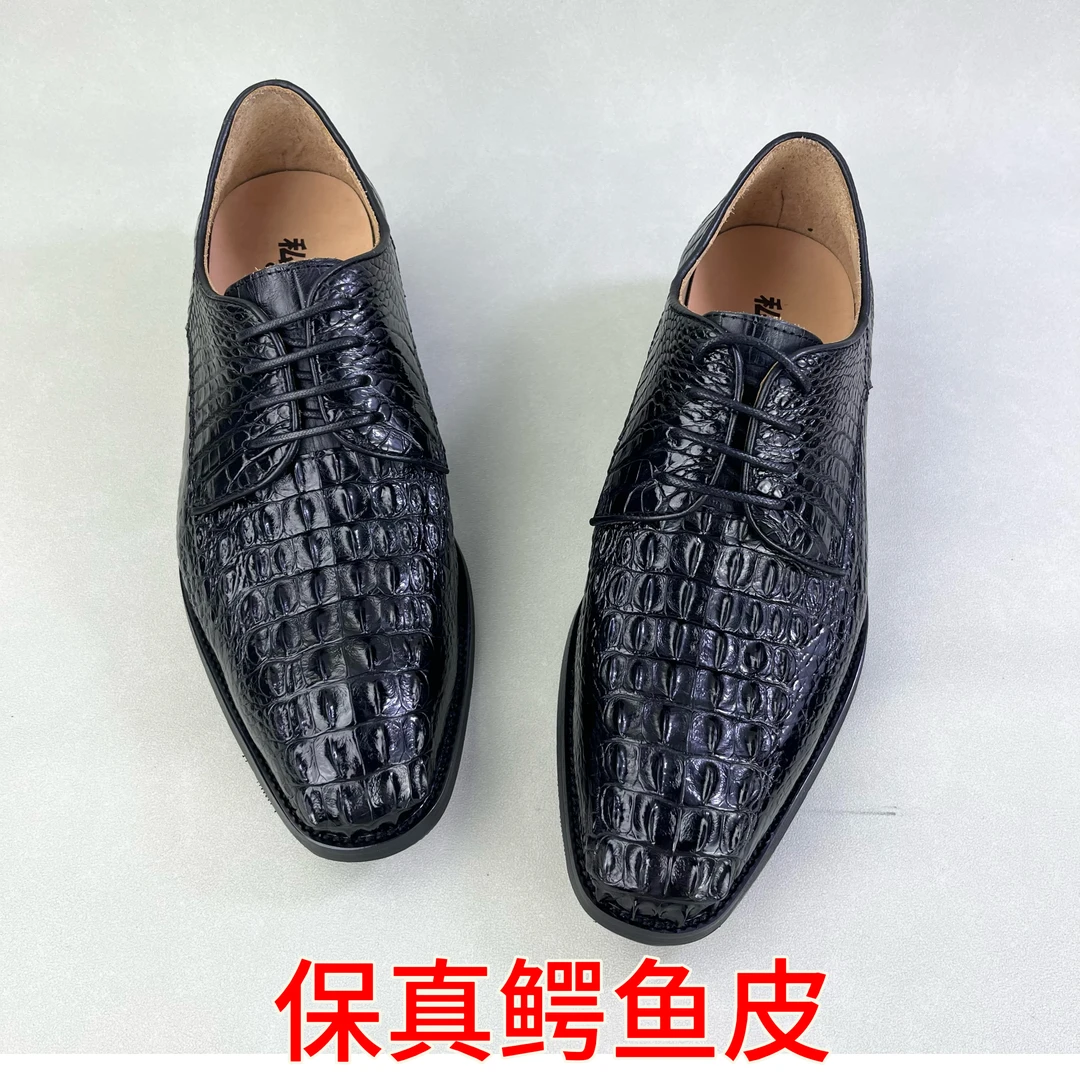 鳄鱼皮骨皮正装皮鞋真皮内里手工鞋系带男士西装商务德比尖头鞋