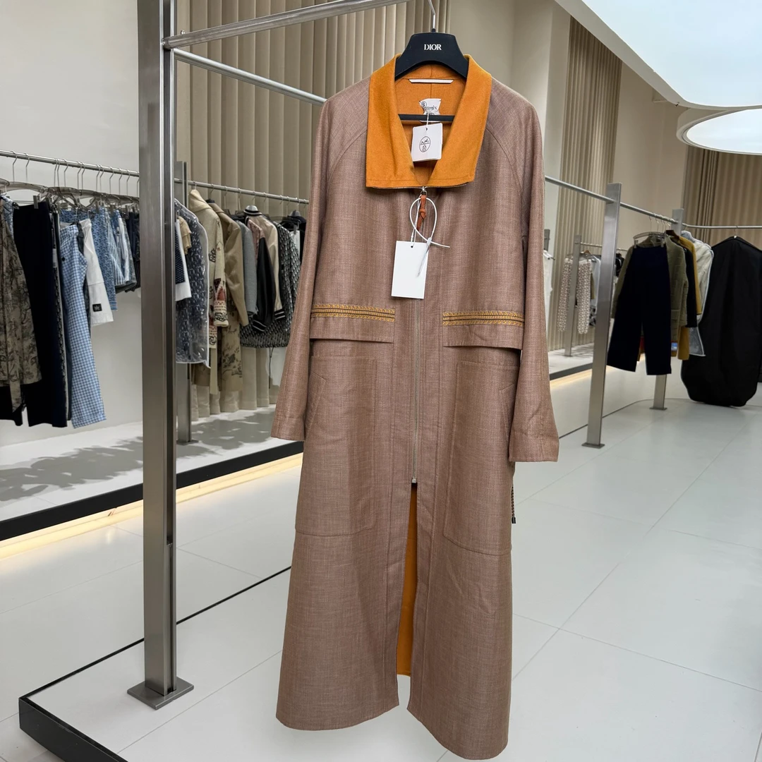 未使用 Hermes/爱马仕 咖黄拼色羊绒羊毛真丝大衣 36码 GM006015