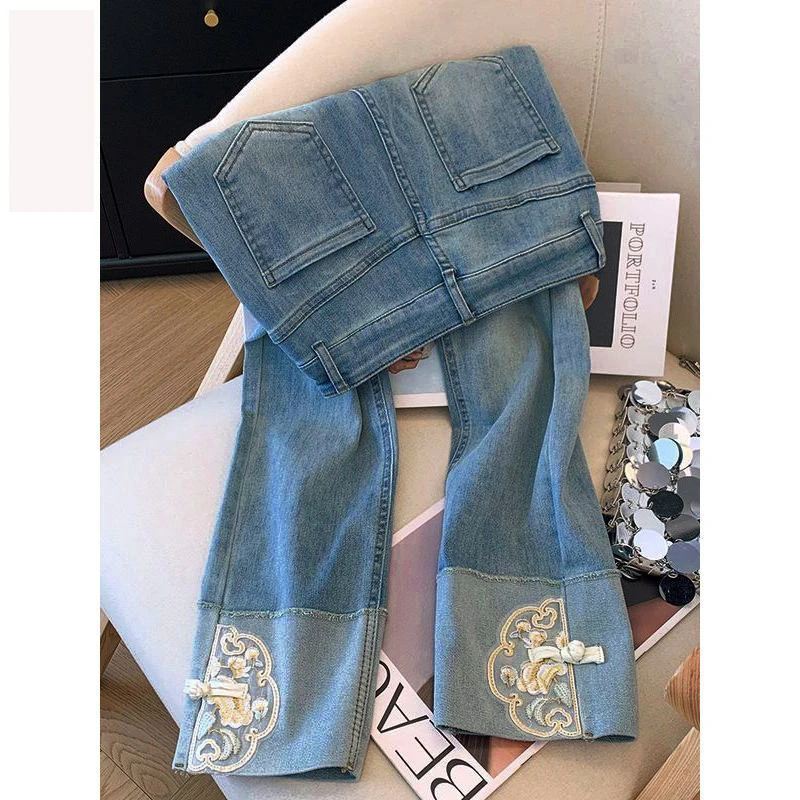 新中式直筒牛仔裤女春秋爆款大码胖mm显瘦九分国风烟管裤弹力