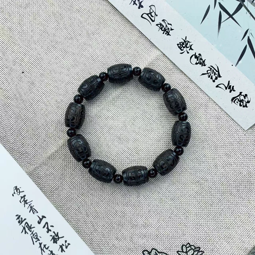 11*15MM紫光檀祥云雕刻鼓珠男士文玩手串 SPY-0240