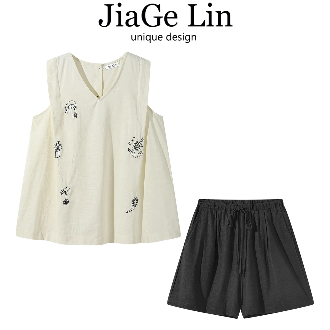 JiaGeLin韩系时尚刺绣无袖背心衬衫纯色短裤两件套女夏季洋气套装