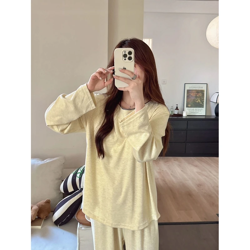 2025新款千金慵懒风带胸垫纯色睡衣女秋冬季亲肤简约家居服套装