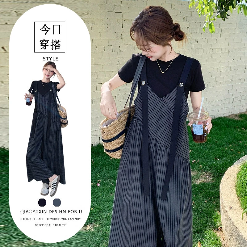 气质休闲套装女短袖显瘦2025夏季新款小众设计感条纹背带裤上衣