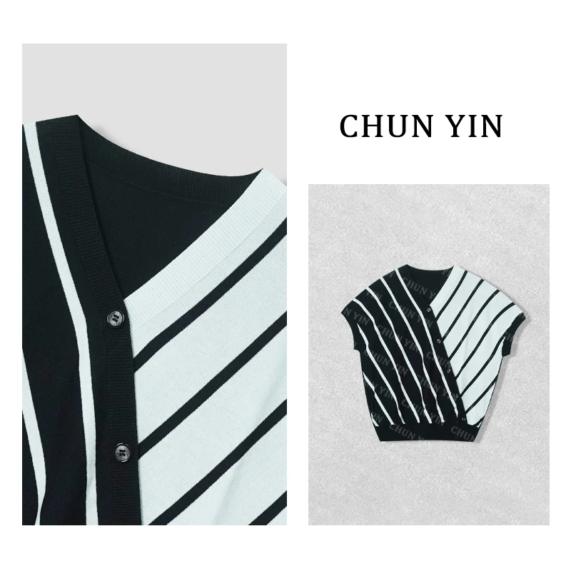 大雨【拼色条纹】不规则时尚v领上衣34054