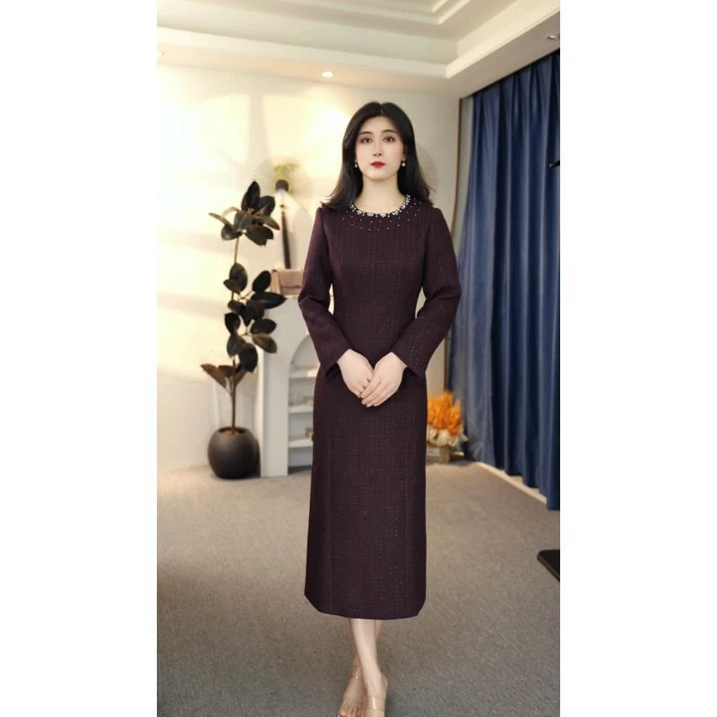 拉链冬季长袖显瘦优雅连衣裙时尚修身气质中长款9041