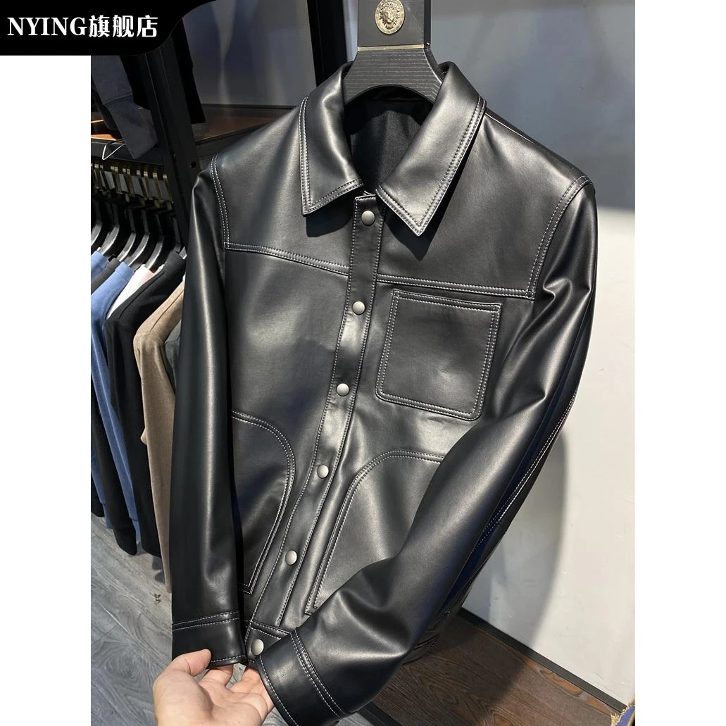 NYING秋冬男士翻领夹克皮衣韩版时尚修身痞帅夹克青年通勤外套男
