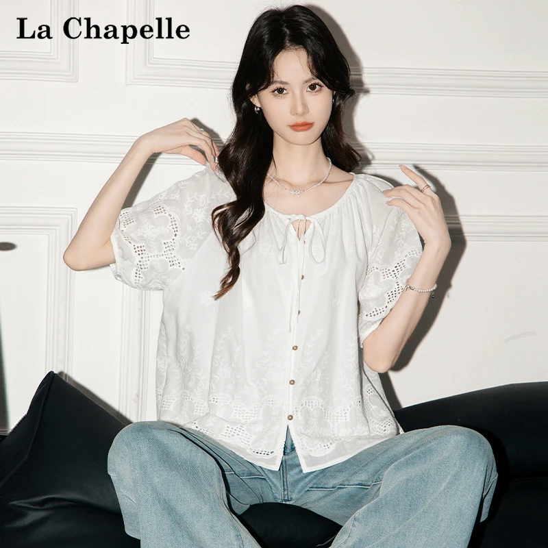 拉夏贝尔韩式复古镂空短袖衬衫女2025夏季新款宽松显瘦衬衣上衣潮
