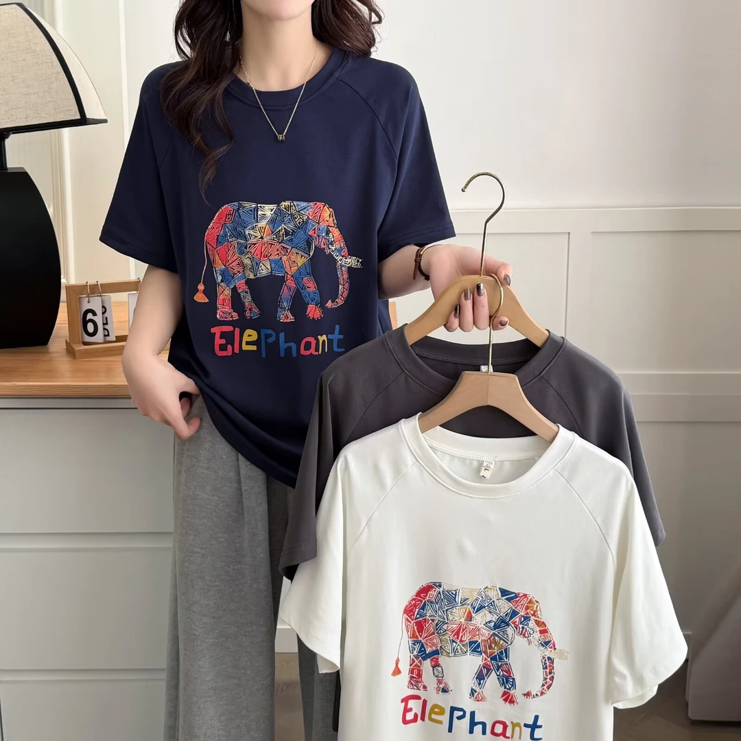 遇见大码110-200斤美式正肩女装夏季新款洋气别致宽松半袖体恤