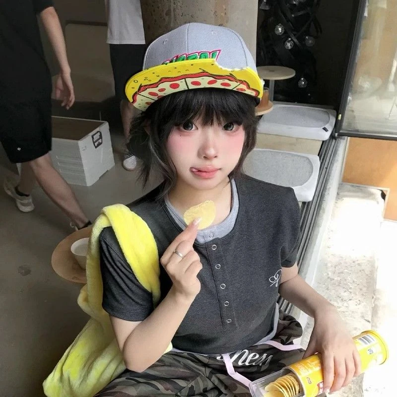 咬一口pizza棒球帽平檐小众设计感美式嘻哈鸭舌帽美式hiphop帽子