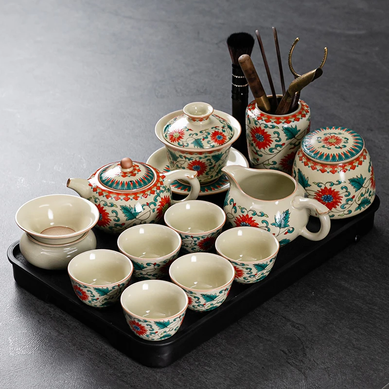 轻奢高端米黄汝窑功夫茶具套装陶瓷茶杯可养开片办公一整套礼盒装