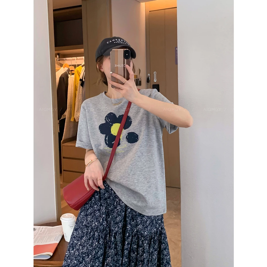 爱情魔鬼鱼 灰色圆领短袖印花T恤女2025夏季新款宽松显瘦百搭上衣