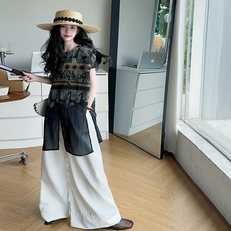 女童设计感拼接短袖套装2025新款小女孩图腾网纱T恤阔腿裤两件套