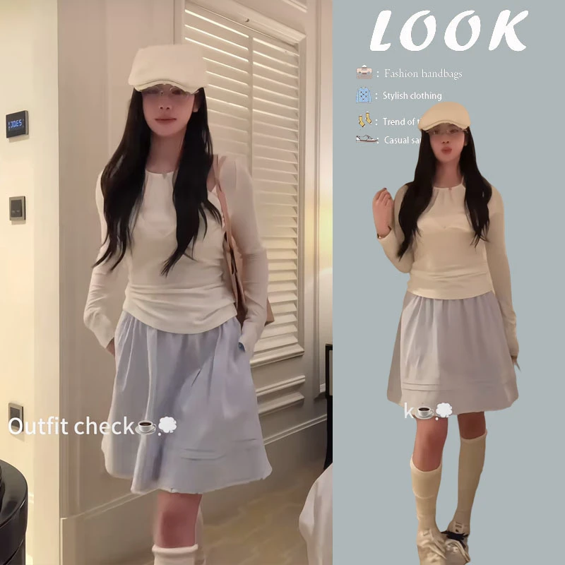 春季穿搭一整套2025新款韩版时尚假两件挂脖修身上衣半身裙两件套