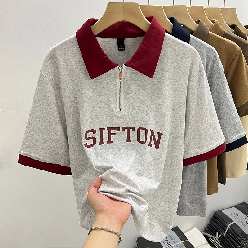 设计感短袖正肩t恤女2025夏季新款爆款拉链Polo领宽松短款上衣