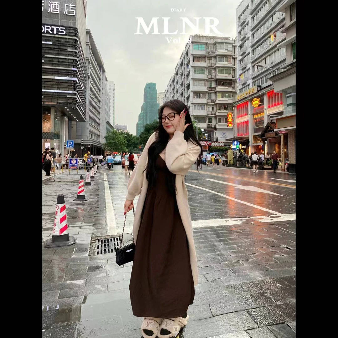 刘婆子 【棕色小熊】气质简约长款针织开衫 长裙 9256 开衫 9257