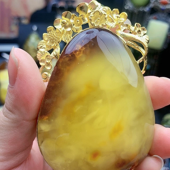 琥珀裸石银S925镶嵌坠