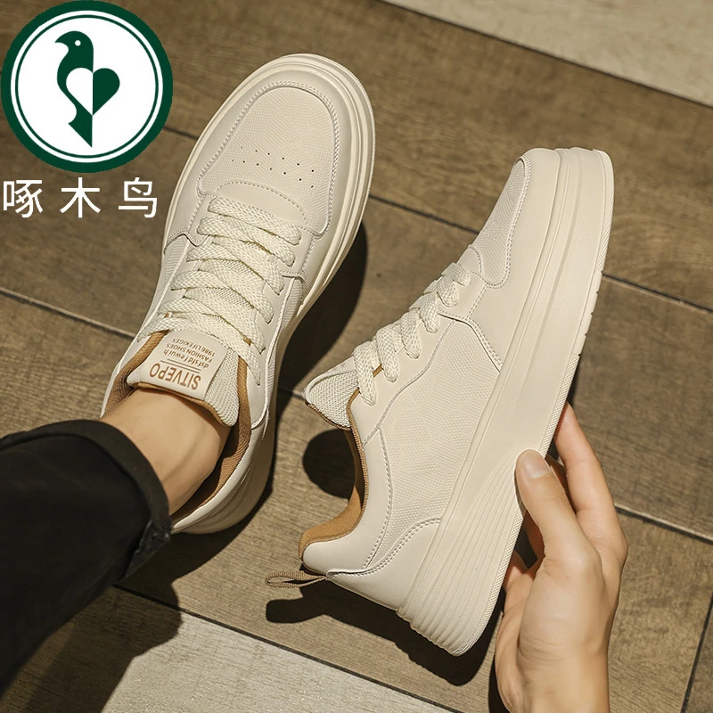 【正品】啄木鸟男鞋2026新款冬季加厚轻便时尚百搭运动休闲小白板鞋