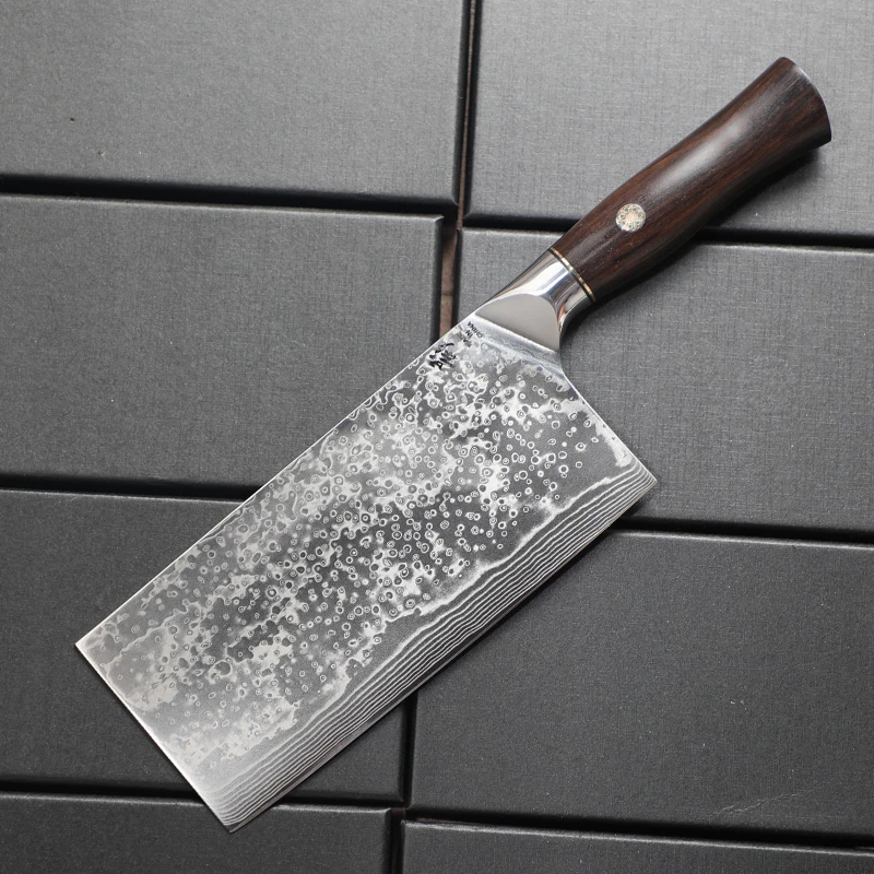 大马士革雨滴纹黑檀木斩切两用刀高碳合金钢