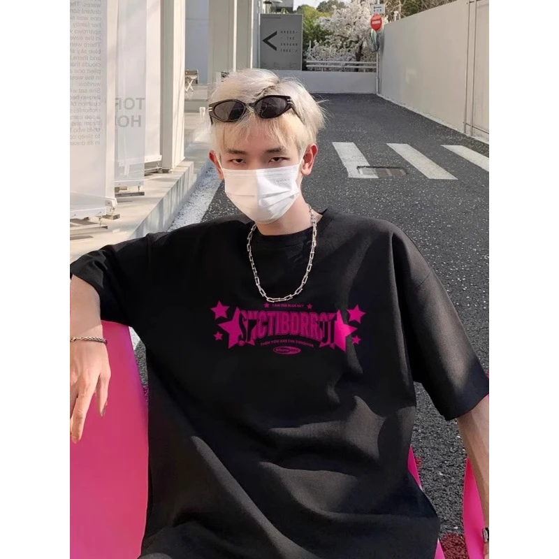 纯棉短袖2025夏季美式潮牌字母印花T恤落肩设计大码百搭休闲半袖