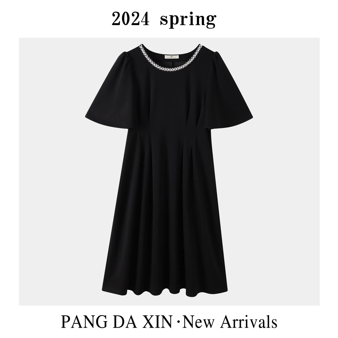 【胖大心】大码女装法式赫本风钉珠设计感遮肉显瘦连衣裙26878891