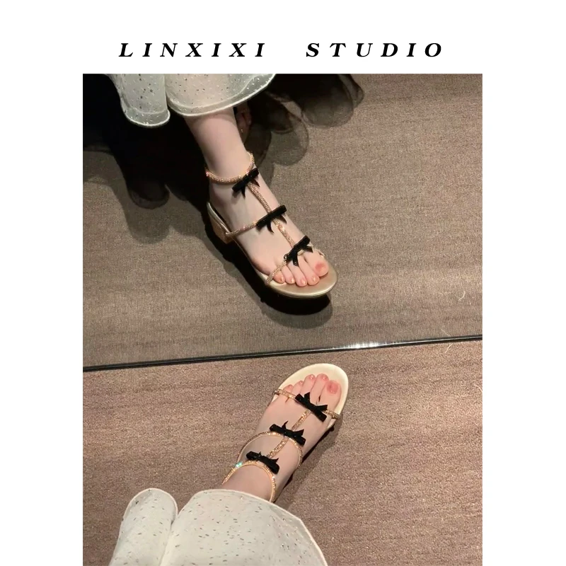 黑色水钻蝴蝶结高跟鞋成人礼18岁春夏外穿气质时尚不累脚凉鞋女