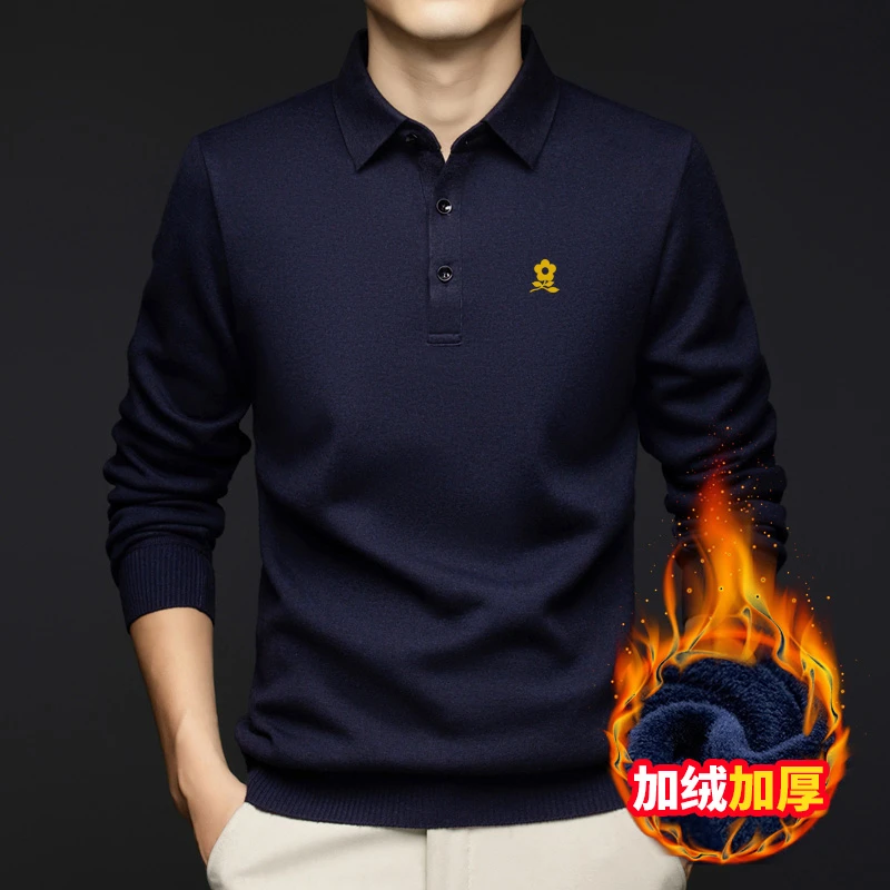 法国轻奢男刺绣冬季Polo衫男士加绒加厚羊毛衫冬季中年上衣针织衫
