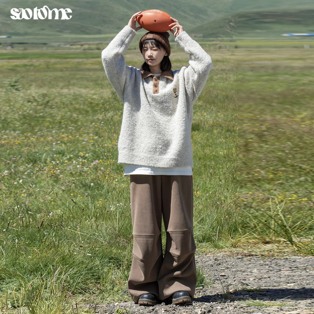 早乙女惠子saotome 日系复古宽松圈圈纱撞色毛衣polo衫外套3249