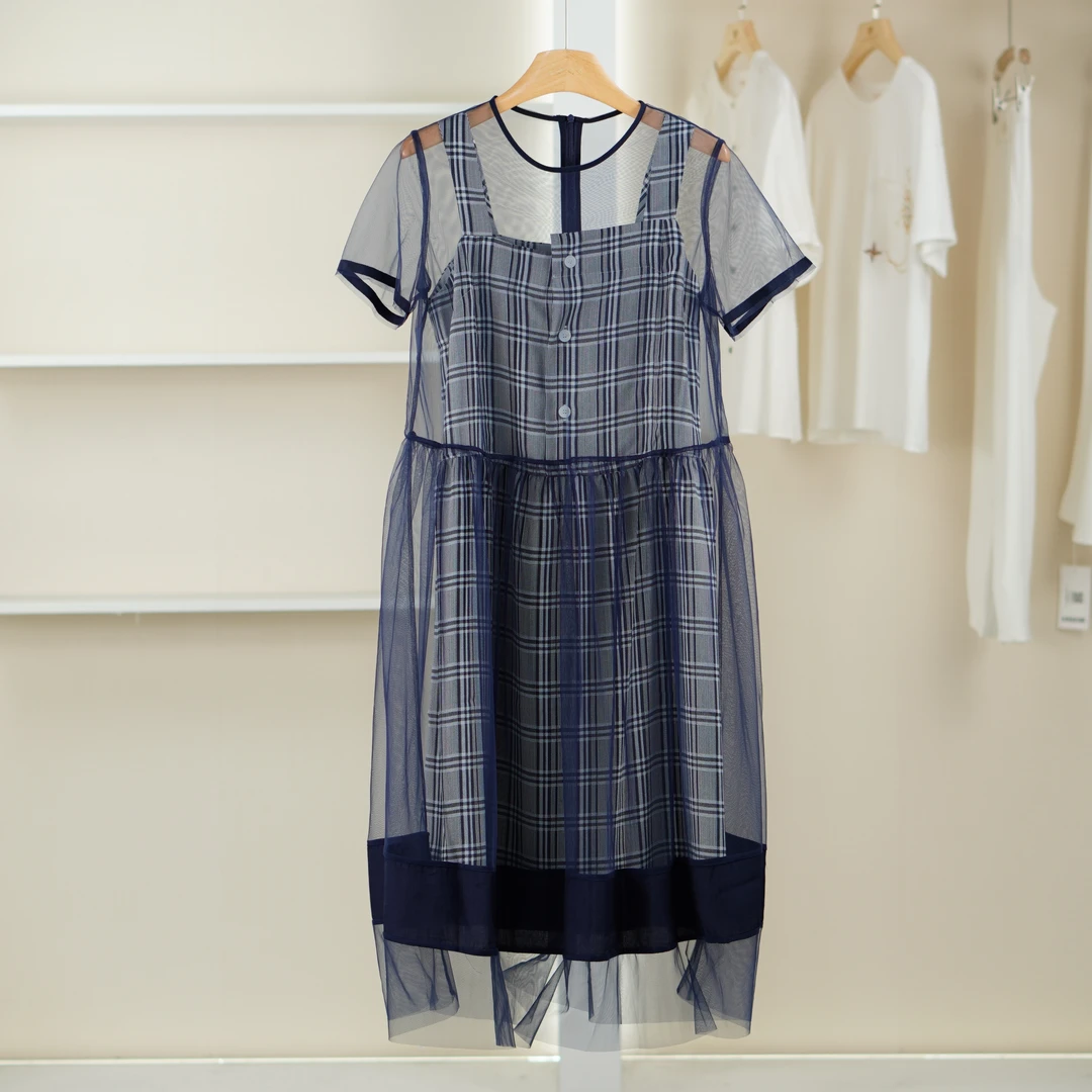 麦迪尚品【unbl】5090589 夏季简约格纹网纱拼接连衣裙品牌女装