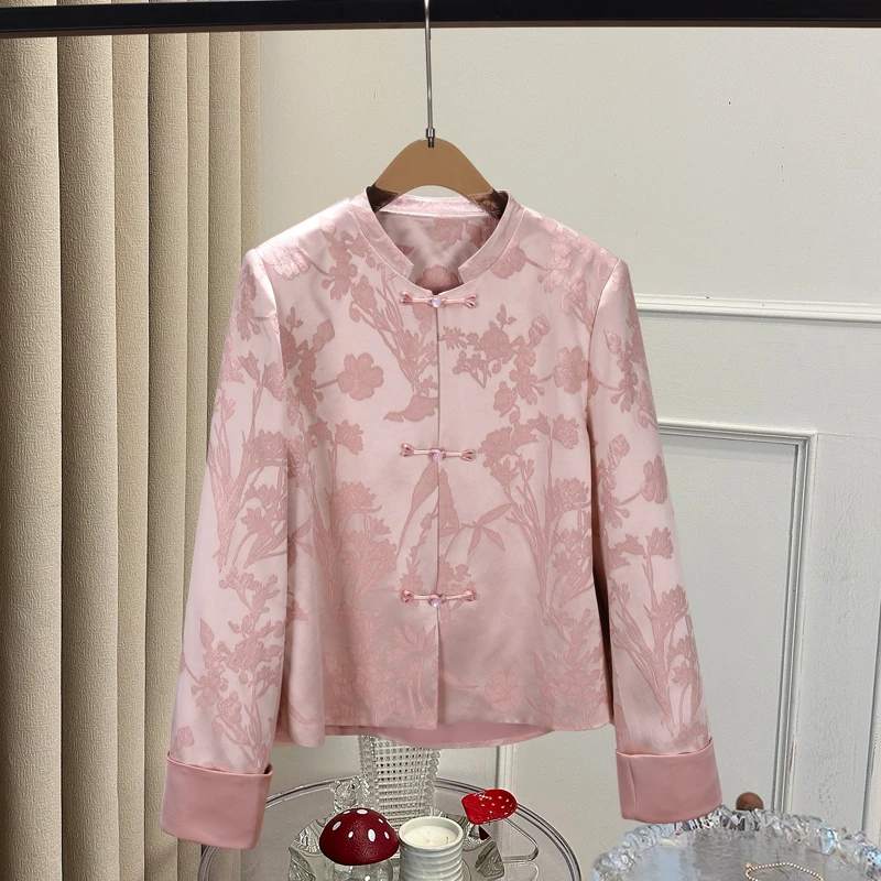 2025年春季新款女装新中式长袖国风粉色提花外套复古盘扣时尚上衣