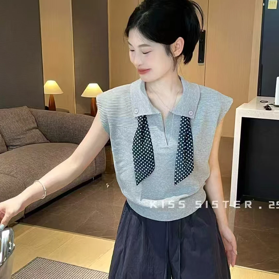 宽松漂亮上衣薄款潮2025夏季新款翻领丝巾小飞袖针织衫短袖T恤女