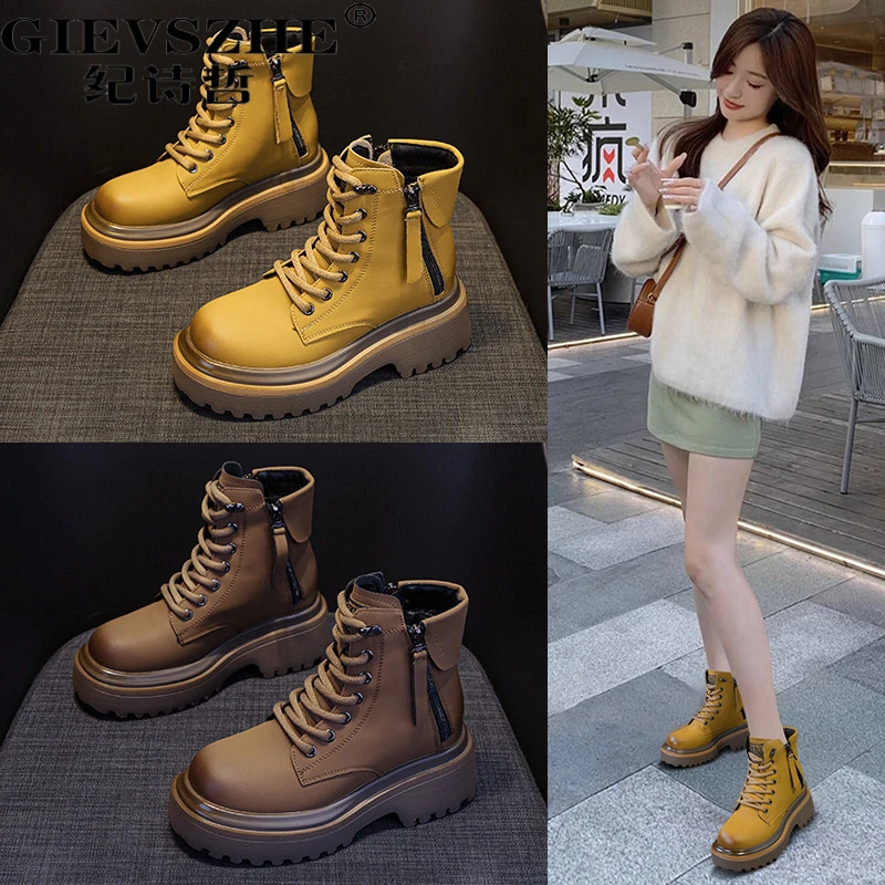 纪诗哲马丁靴女2025新款复古机车靴皮面短筒工装靴英伦风百搭女靴