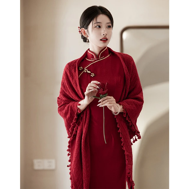 红色配旗袍披肩结婚敬酒服新娘针织新中式礼服外披风外搭秋冬季