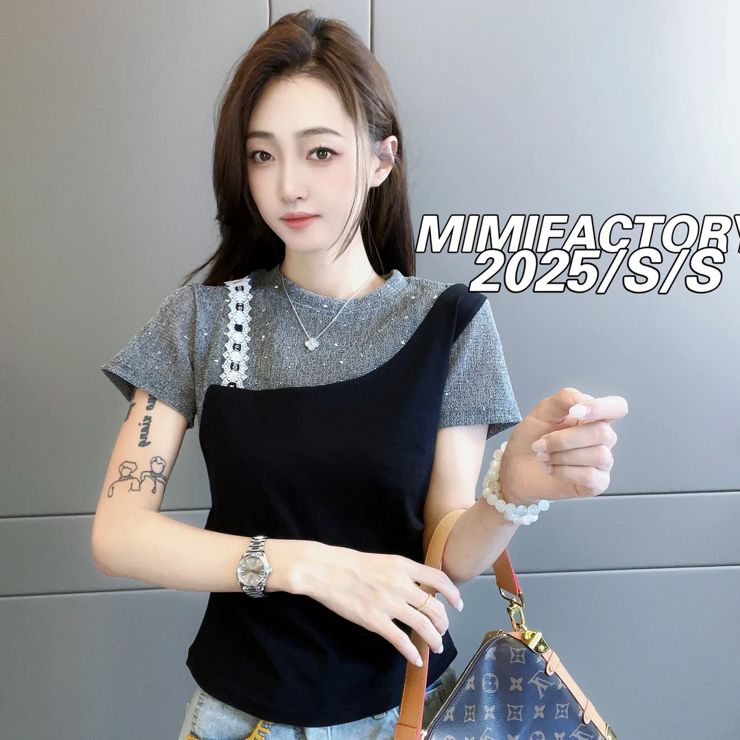 【现货】2025夏季新款 网纱拼接假两件短袖T恤女洋气上衣时尚4680#