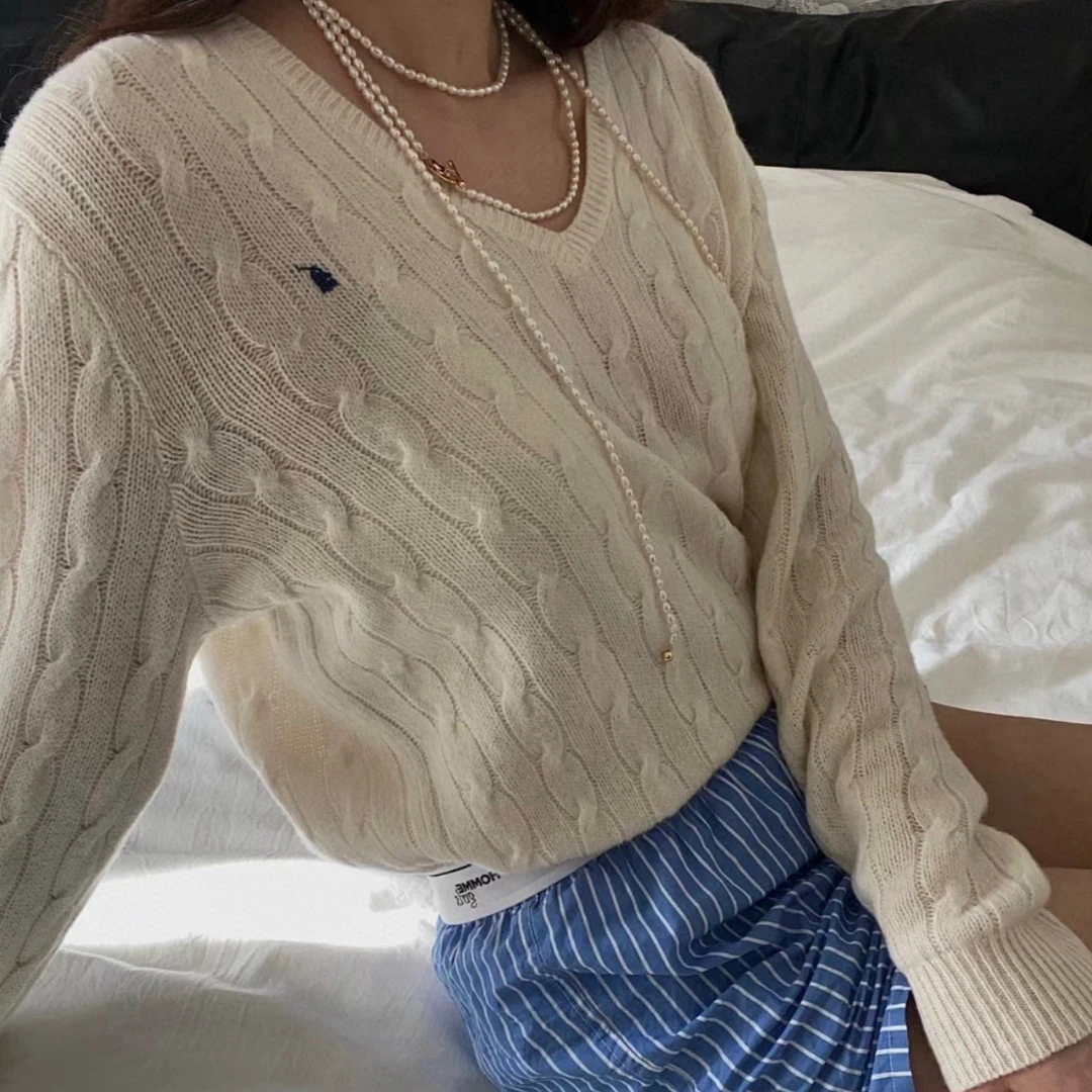 现货高版本拉夫领麻花打底针织衫小马标刺绣套头毛衣女上衣