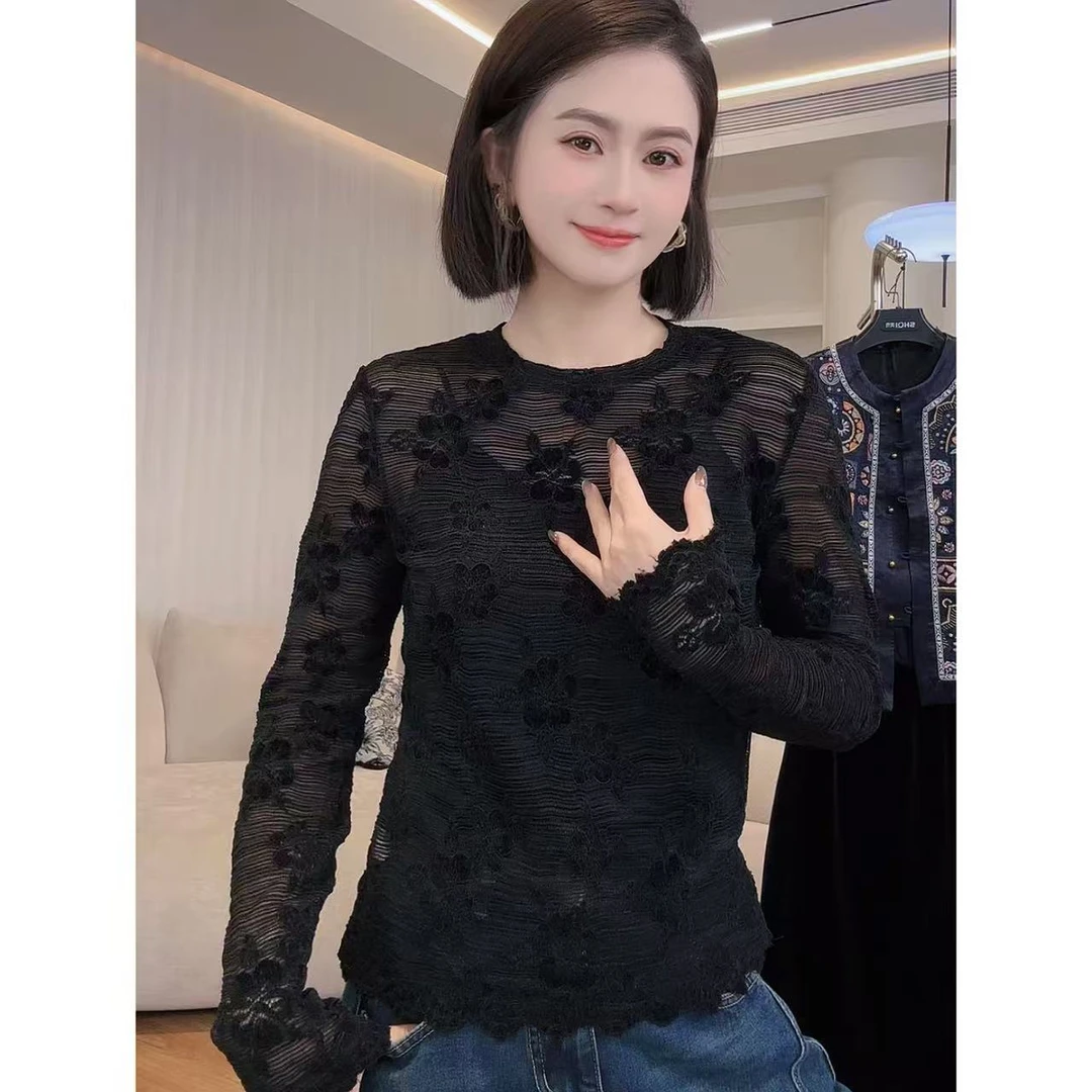 NANAKIKI立体提花蕾丝长袖上衣修身显瘦秋款KK-9133