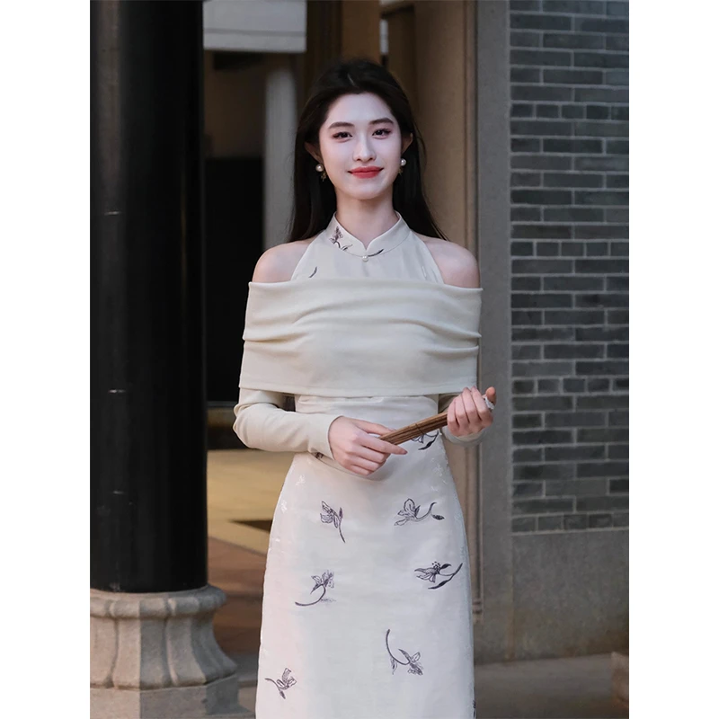 凌茜【故山春】新中式国风感雪纺衫印花连衣裙针织修身优雅坑条上衣
