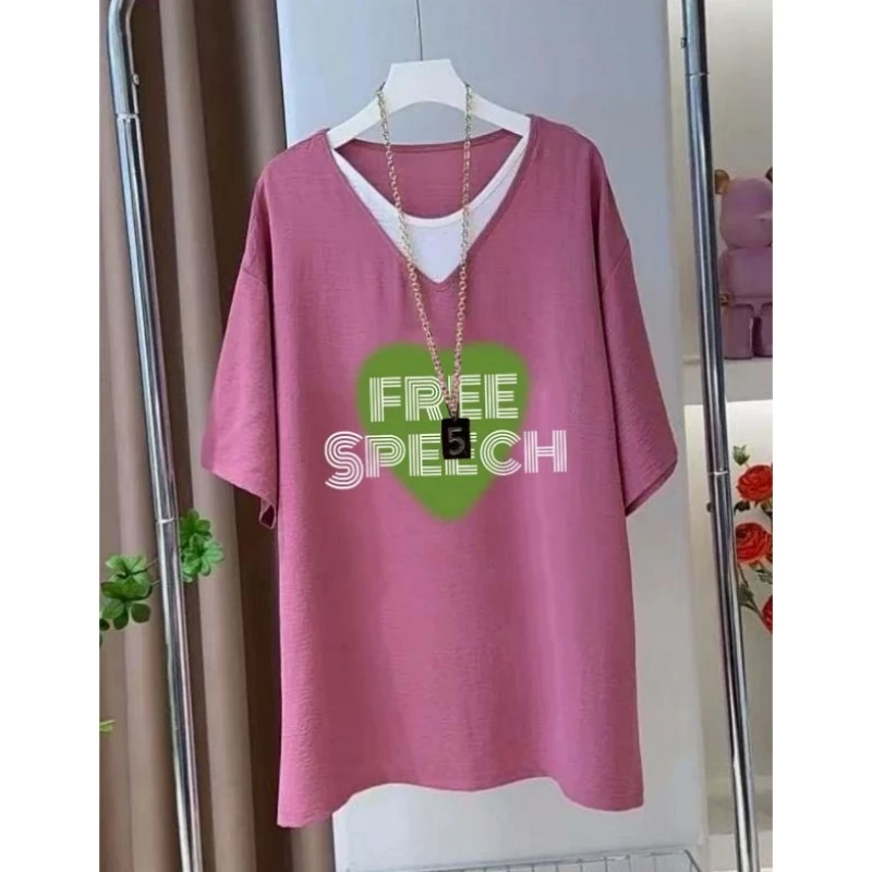 设计感假两件纯棉V领夏季新款2025百搭洋气显瘦短袖t恤女上衣ins