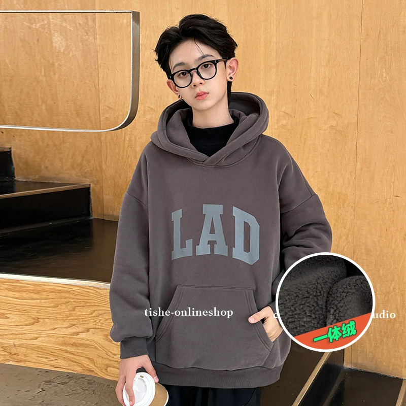 男童连帽卫衣加绒秋冬款青少年美式连帽衫加厚中大童宽松休闲上衣