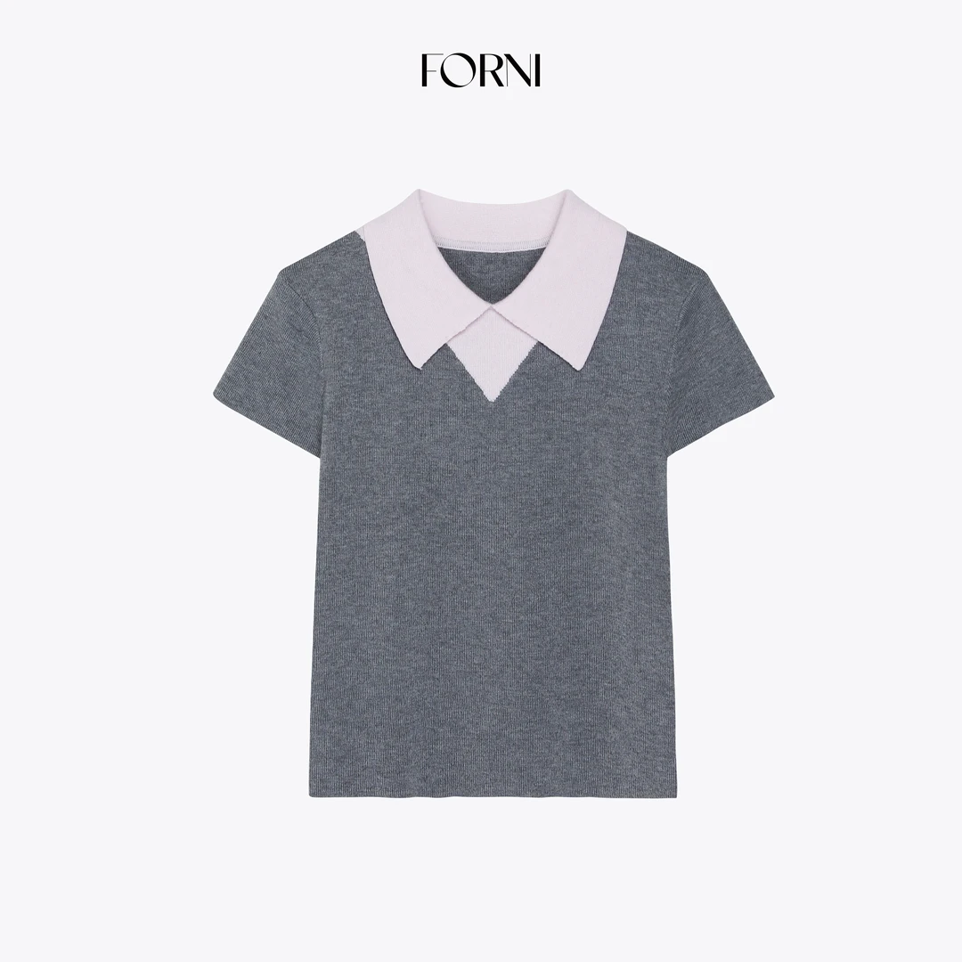 FORNI 常青藤高校区 美式辣妹撞色假两件POLO领羊毛针织修身短袖