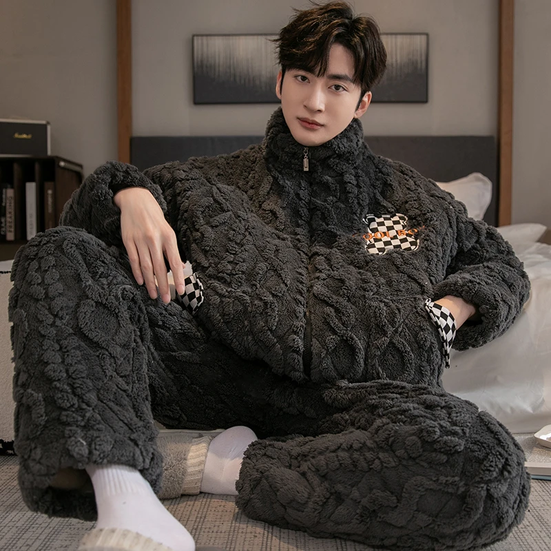 【三层夹棉】睡衣男冬季珊瑚绒加绒加厚保暖法兰绒家居服加大码套装