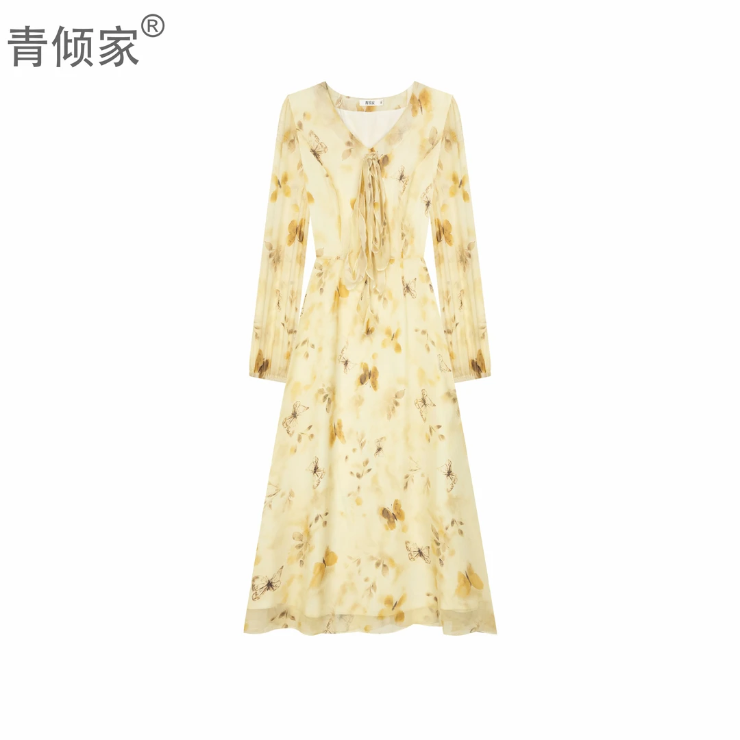 青倾家【晚香玉】2025新款秋季V领长袖清冷感复古设计感长裙子