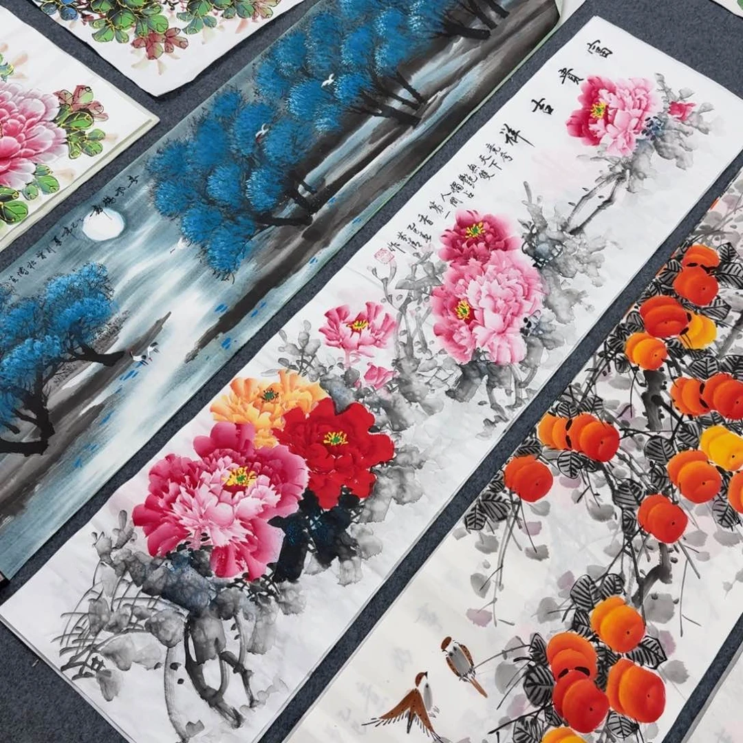 国画四尺对开35X140纯手绘作品