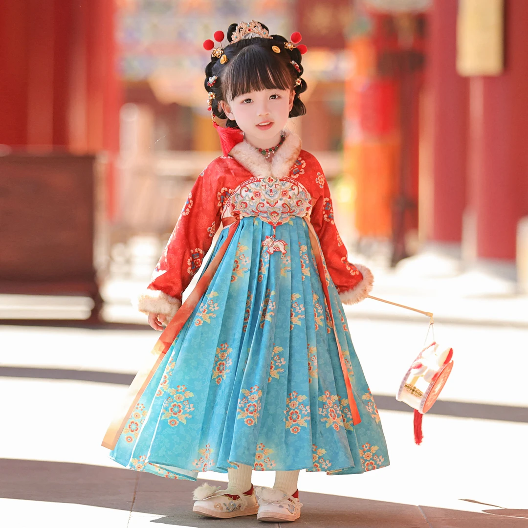 古月家.花想容 汉服女童冬款儿童高端仙气古风加绒连衣裙表演襦裙